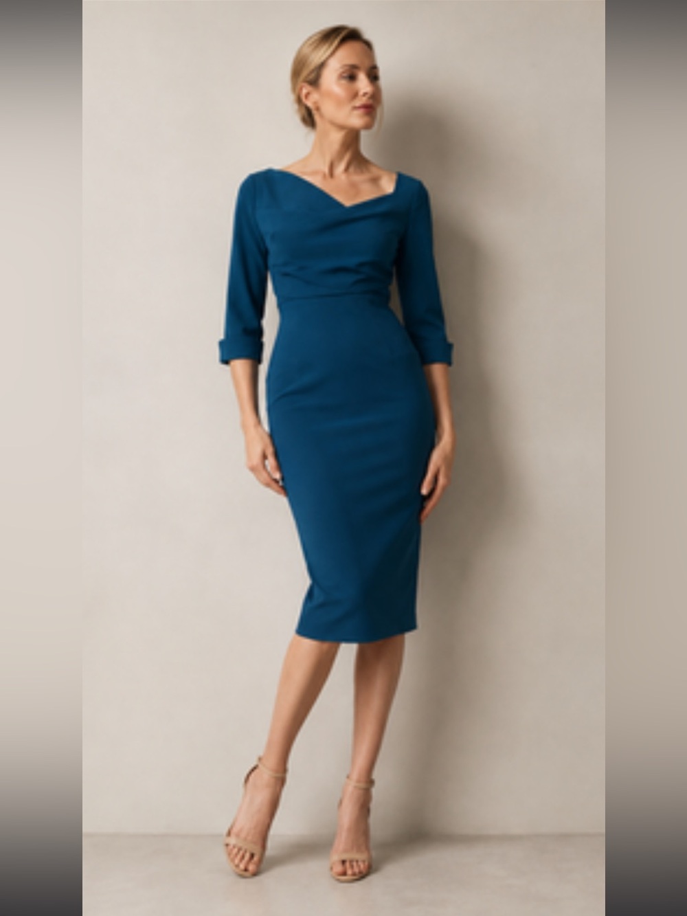 Black Halo Asymmetrical 3/4 Sleeve Jackie O Navy Fitted Sheath Dress, size 10